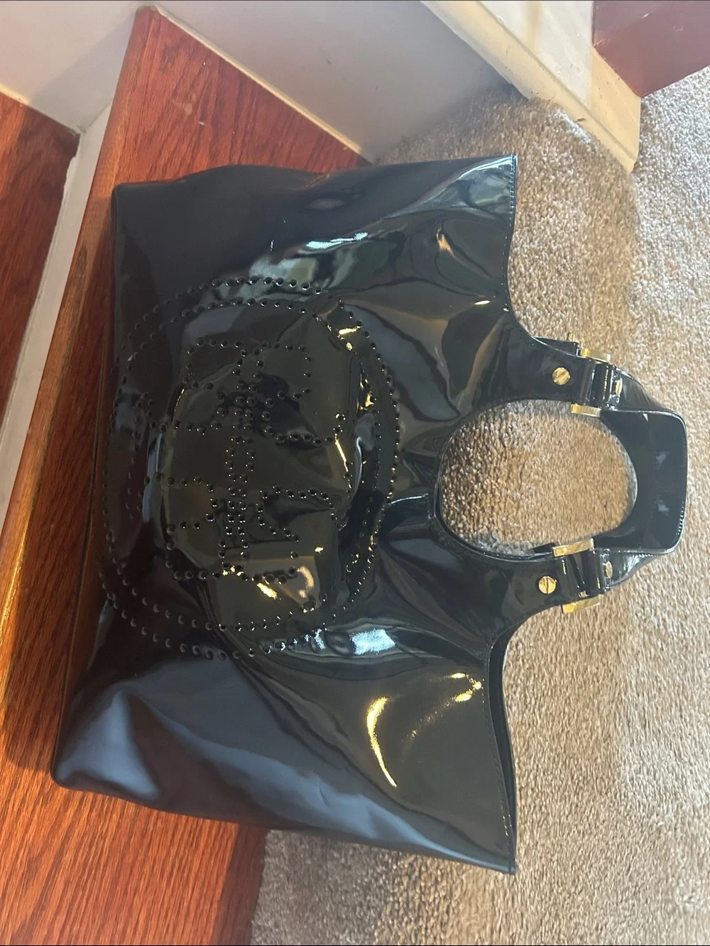 Tory Burch Black Patent Shoulder Tote with Perforated Logo